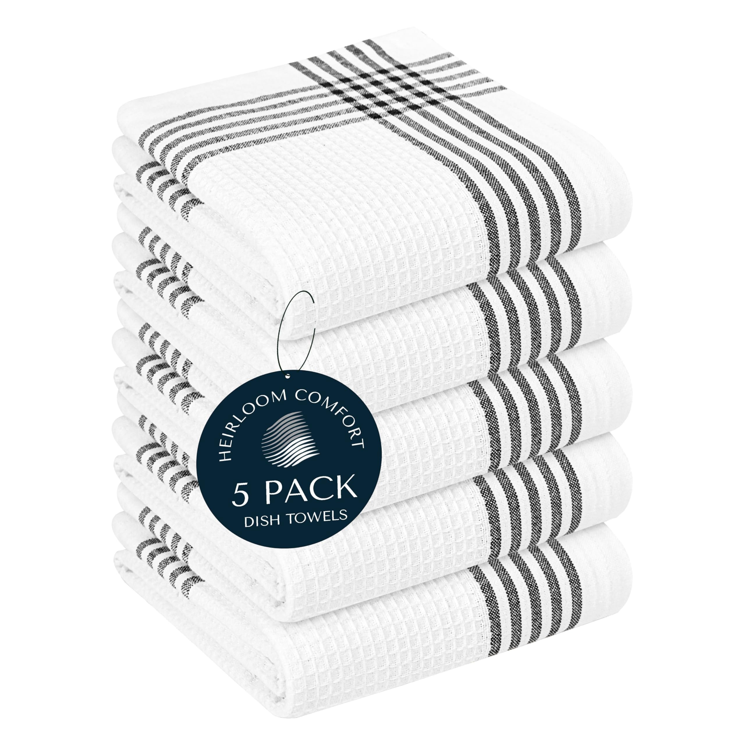 HEIRLOOM COMFORT Black and White Kitchen Towels 5 Pack, 40x66 cm, 100% Cotton Waffle Weave, Super Absorbent, Quick Dry, Reusable Dish Towels for Cleaning, Drying, Cooking, Washing — image 1