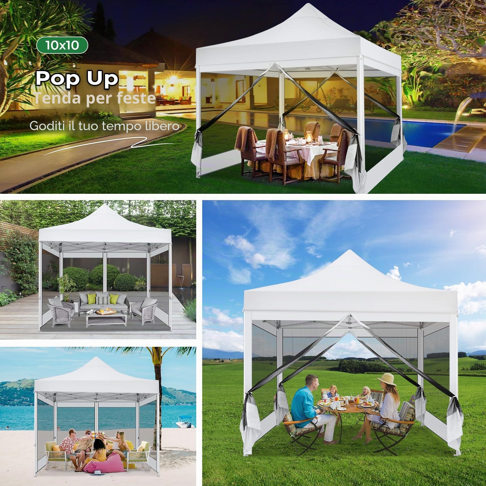 COBIZI Gazebo 3x3M Pieghevole Impermeabile con Zanzariera, Gazebo Esterno Resistente Robusto Richiudibile da Giardino, Bianco