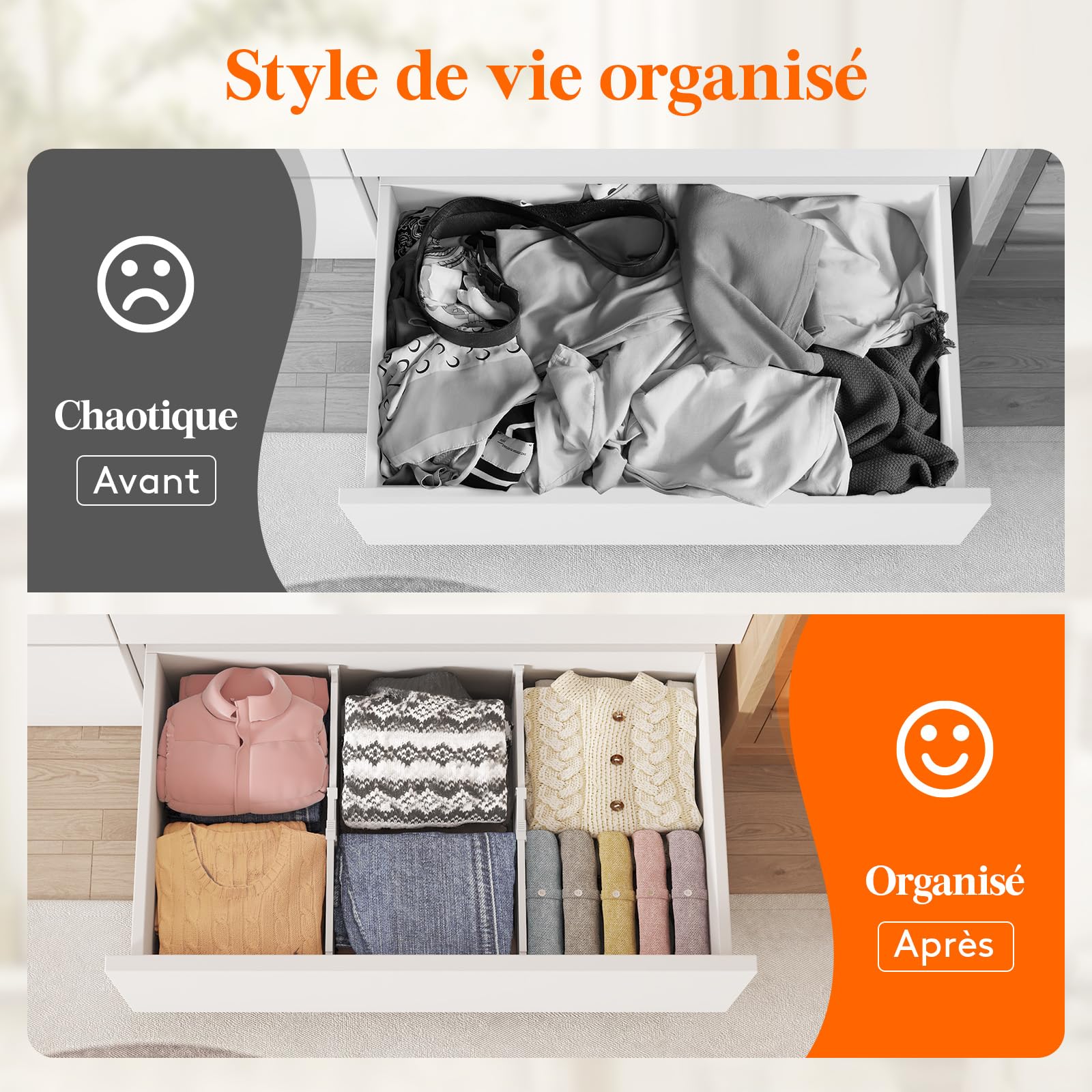 Lifewit Séparateur de Tiroirs Réglable Extensible, Organisateur de Tiroirs pour Vêtements, Diviseur de Rangement Blanc pour Armoire, Cuisine et Bureau, Longueur 35-55 cm, Hauteur 20.5 cm, Lot de 8