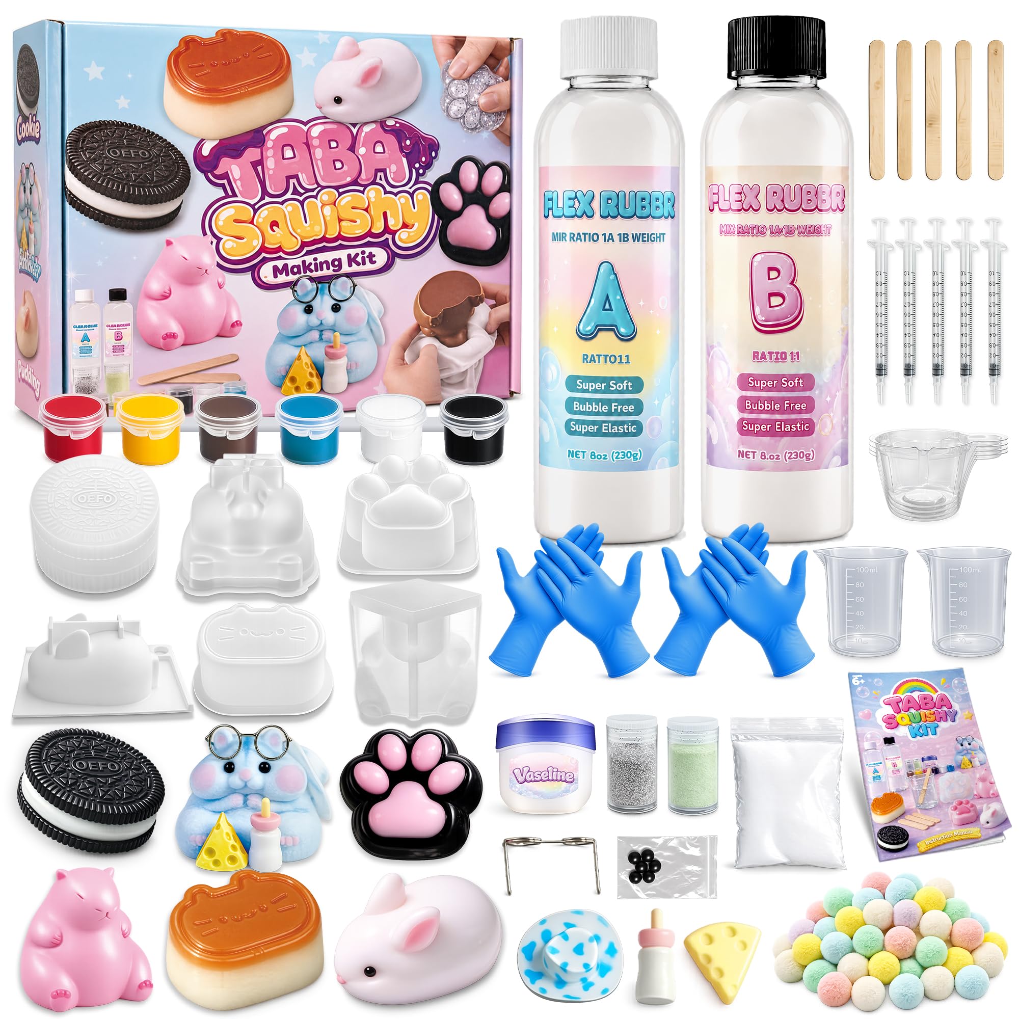 Funewest Taba Squishy Making Kit for Kids, DIY Squishy Maker with Liquid Silicone and Molds, Flex Rubber, Flocking Powder, Squishies Craft Kit for Toddle 8-12, Make Your Own Sensory Fidget Toys