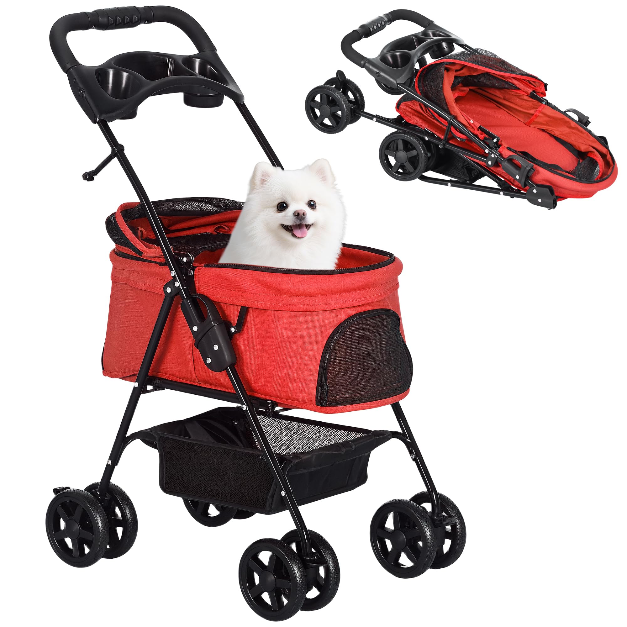 PawHut Cochecito para Perros Plegable Carrito para Perros Pequeños con Ruedas Universales Cesta de Almacenaje Correas de Seguridad y Ventana 67x45x96 cm Rojo