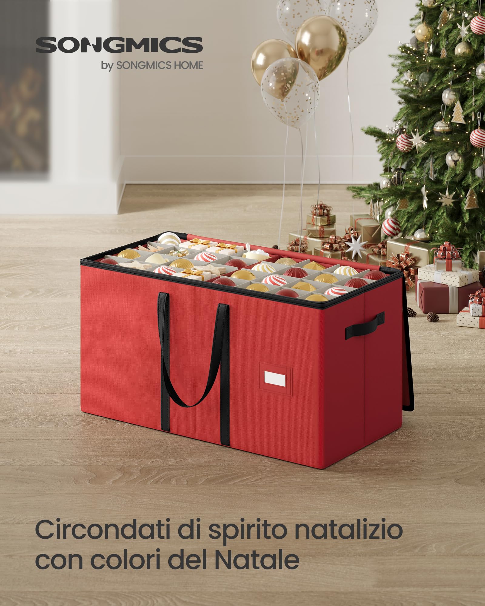 SONGMICS Contenitore per Palline di Natale, 128 Scomparti da 7,6 cm, Scatola Impilabile Decorazioni Natalizie con Coperchio, Doppia Cerniera Lampo, Divisori Regolabili, Rosso Ciliegia RFB039R01