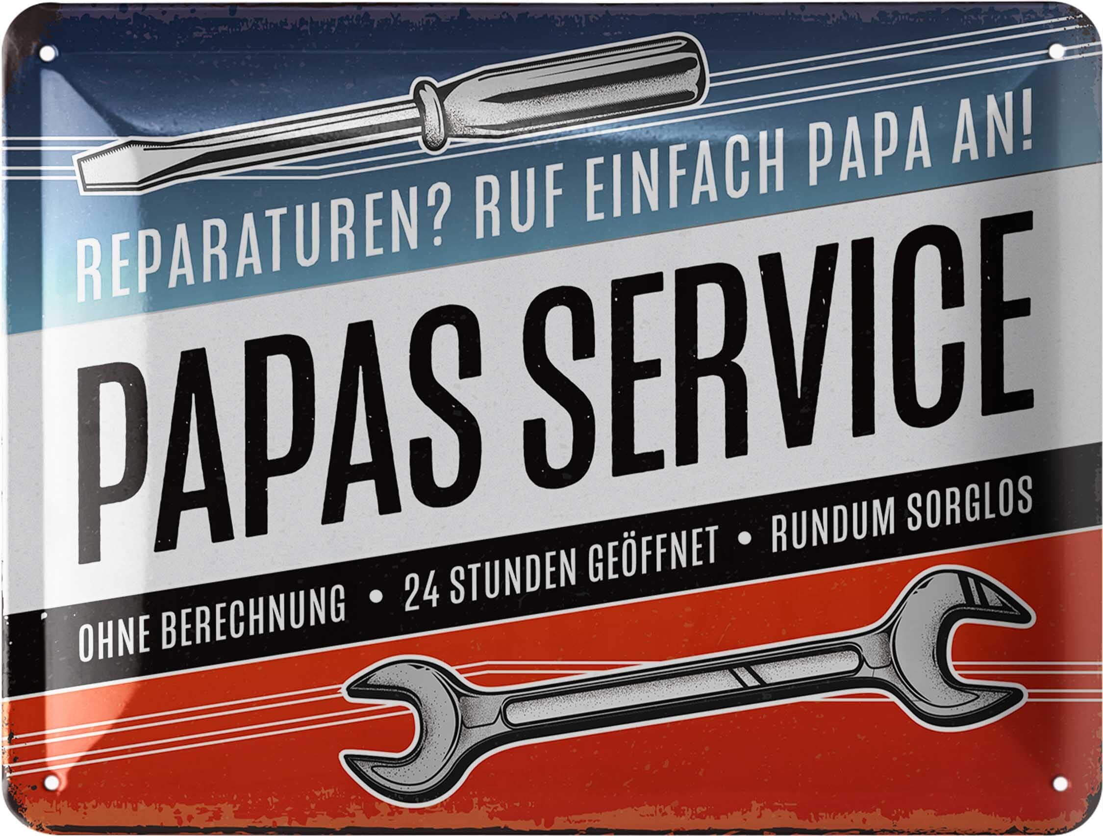 LANOLU Retro Blechschild PAPAS SERVICE - Schild Werkstatt Papa - Geburtstagsgeschenk oder Vatertagsgeschenk Schild für Vater, lustige retro Deko mit Spruch 15x20 cm