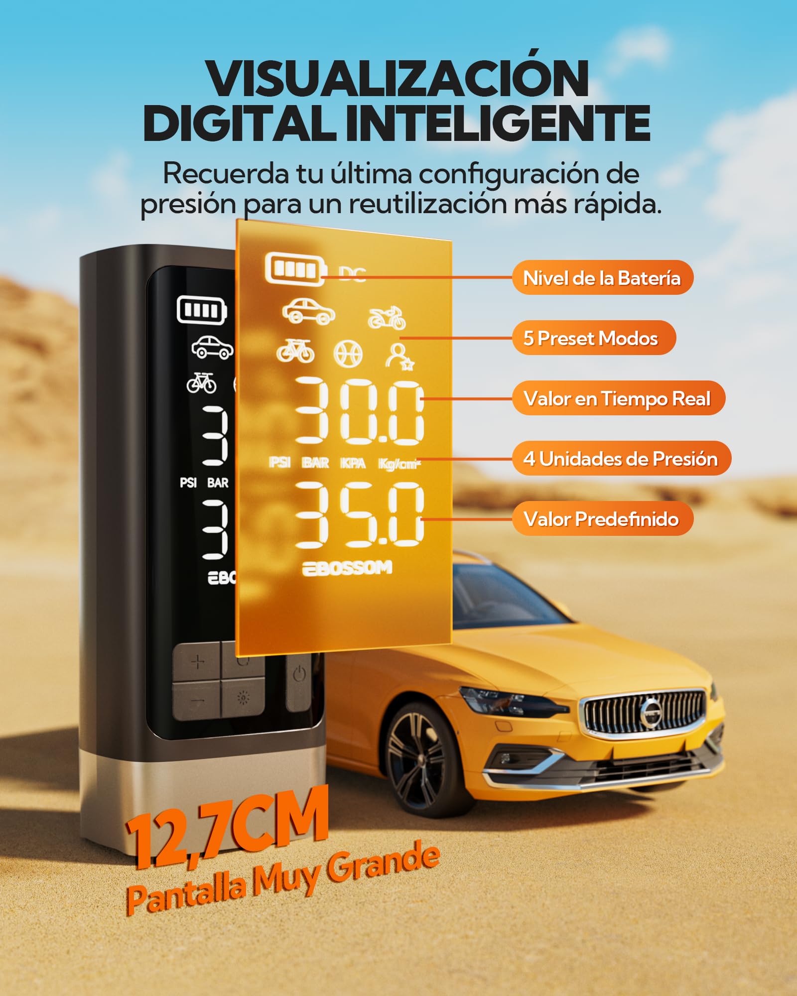 Compresor Aire Portátil, Inflador Ruedas Coche 10,3Bar, Bomba De Aire Multifuncional Con Motor Bicilíndrico, Kit De Emergencia Para Vehículos Grandes, Pickups, Motos. Con Iluminación LED