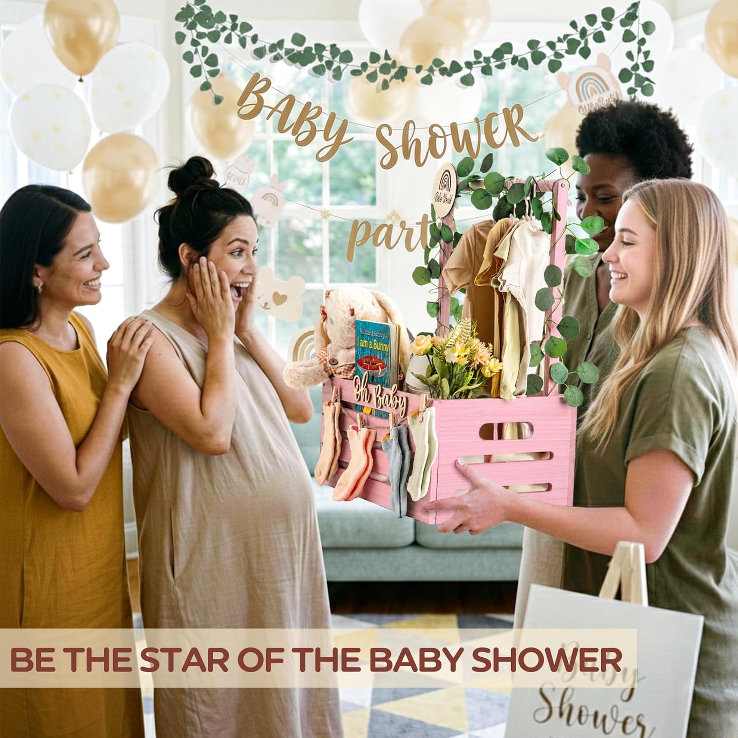 Wooden Baby Shower Crate Closet – Personalized Baby Gift Baskets with Hangers, Large Blush Pink Newborn Shower Crate Box for New Mom Boys Girls