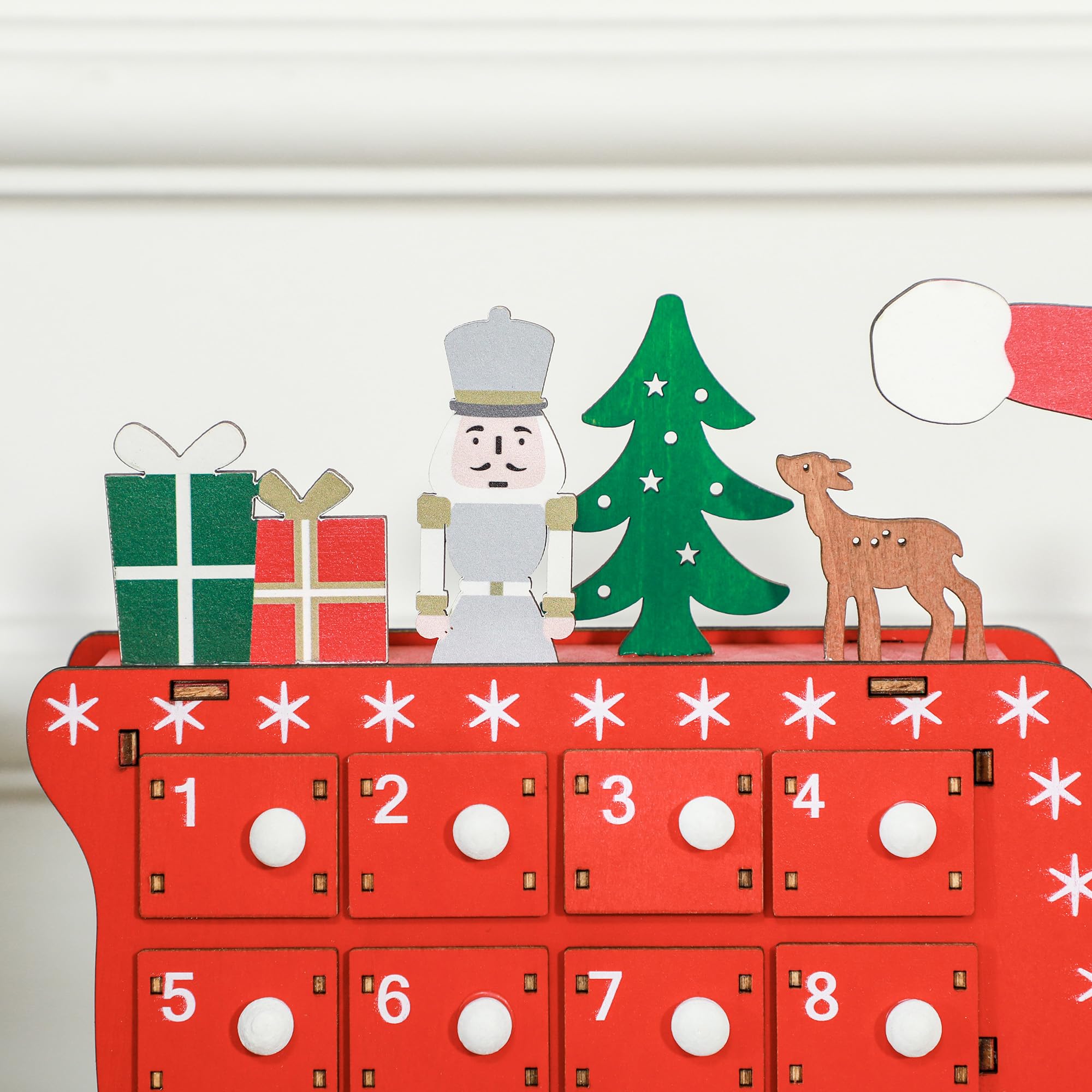 HOMCOM - Calendario de adviento de madera con 24 cajones para rellenar, color rojo | Calendario de Adviento reutilizable, diseño de Papá Noel y trineo, decoración de Navidad, regalo para niños y adultos
