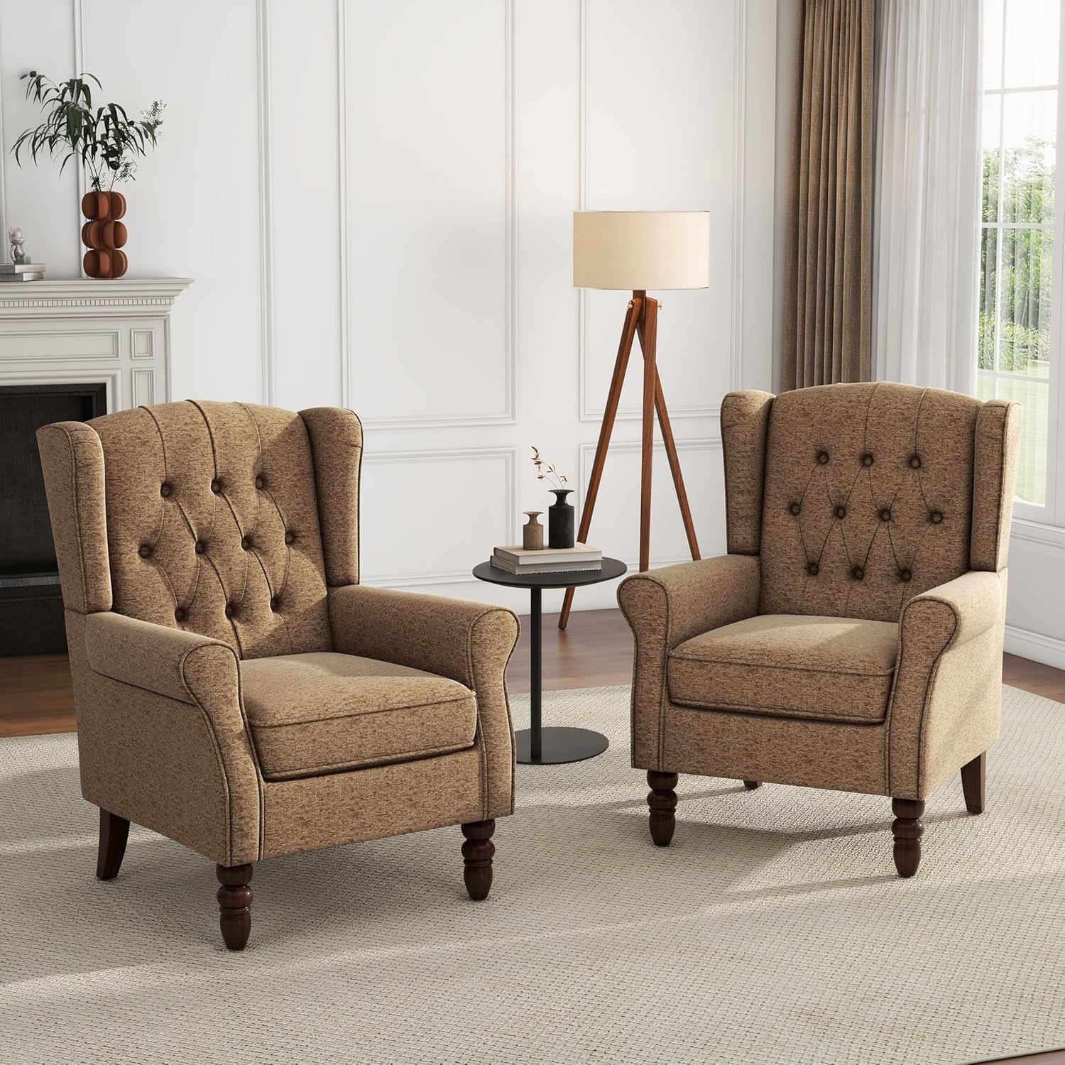 UIXE High Back Accent Chairs Set of 2, Fabric Upholstered Armchair Retro Wingback Arm Chair for Living Room, Comfy Single Sofa Bedroom Retro Reading Seat with Solid Wood Legs - Brown