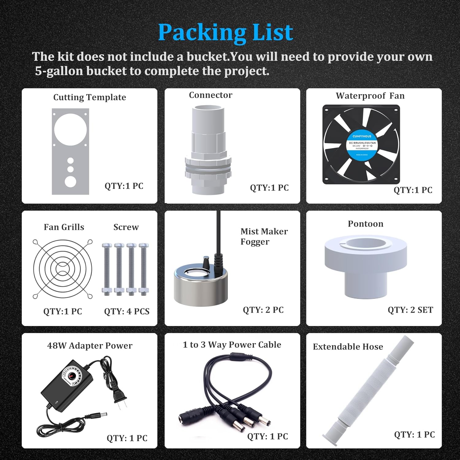 19L Large Capacity DIY Humidifier Kit - for Plants, Mushrooms, Grow Tents, Terrarium | Converts a 5-Gallon Bucket into a Cool Mist Humidifier, Extendable Hose, High Output & No-Leak (2 Foggers Kit)