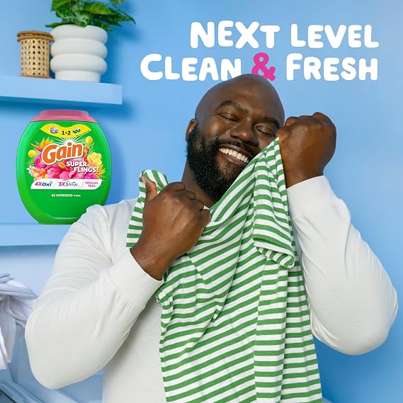 Gain Super Flings Laundry Detergent Pacs, 18 Count, Hibiscus Hula scent, irresistibly clean and fresh washing detergent laundry soap pacs