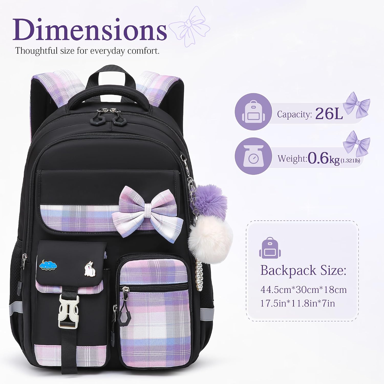 Alrisg Girls School Backpack Preppy Plaid Bookbag Lightweight Backpack for Girls Elementary Middle School Bow Black image 3