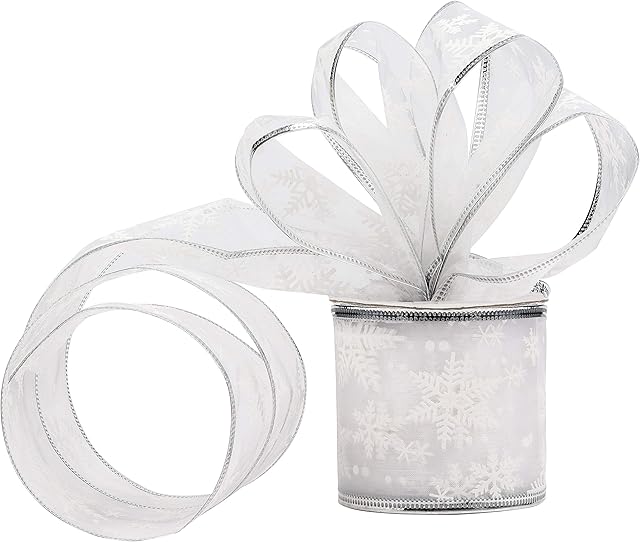 BELLE VOUS Silver Organza Christmas Ribbon - 10M x 63mm Wide Wired Glittery Snowflake Christmas Tree Ribbon for Xmas Tree Decorations - Silver Organza Ribbon for Gift Wrapping Crafts Party Decoration
