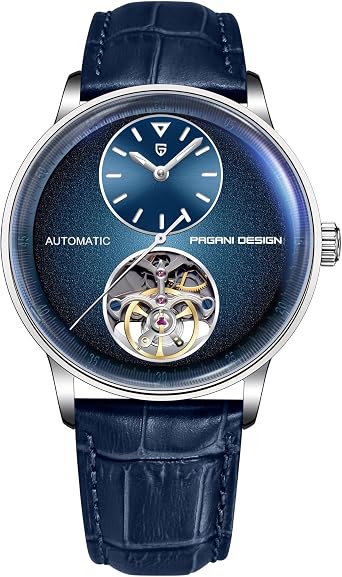 Pagani Design Herrenuhr Automatik Mechanisch Skelettdesign mit Kleiner L nette 42mm Edelstahlgeh use & PU-Lederband 10ATM Wasserdicht 100m