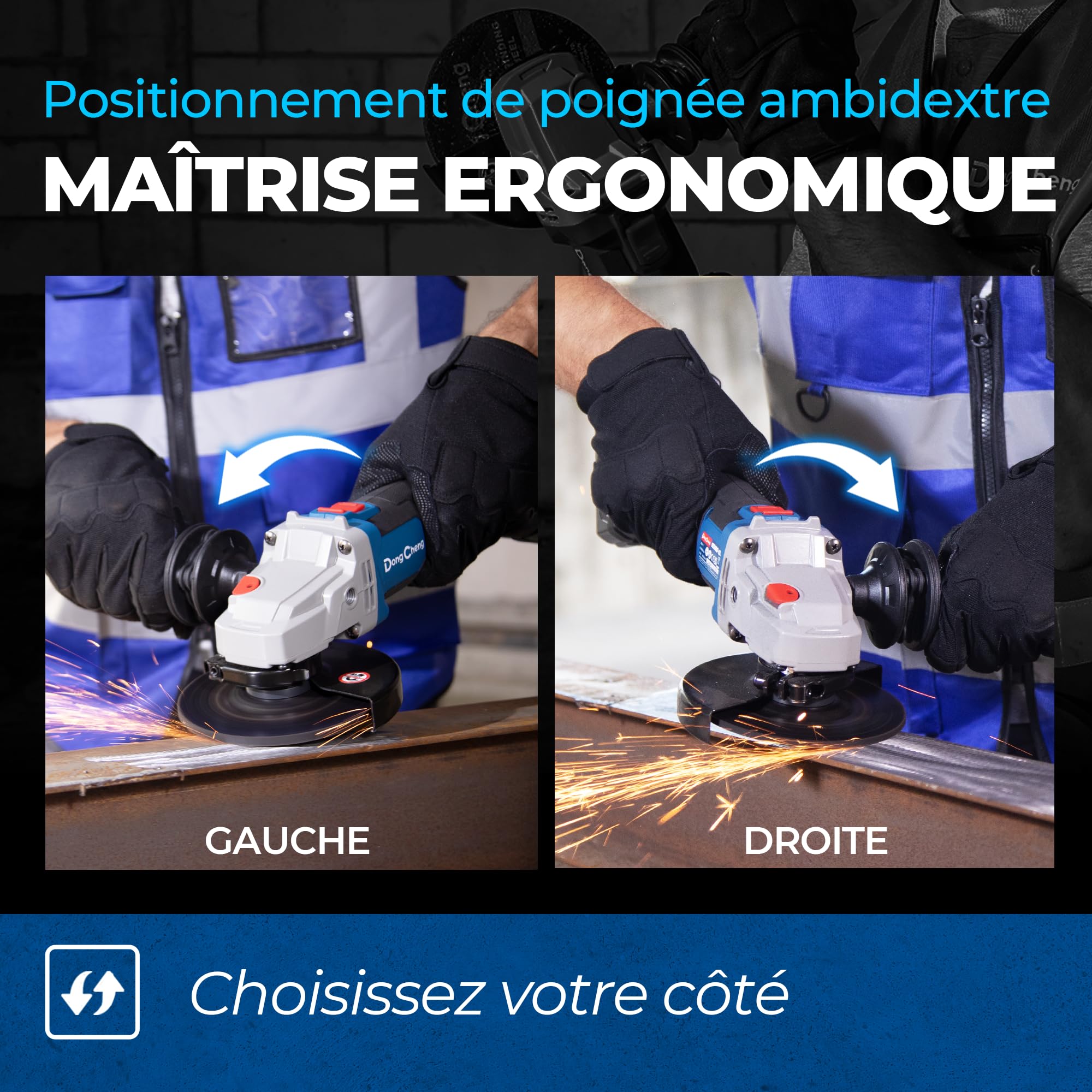 DongCheng Meuleuse d'angle sans fil 20V, Moteur sans balais, Disqueuse sans fil 125 mm, poignée anti-vibrations, 2 disques abrasifs, 2 disques à lamelles, 2 disques à tronçonner, batterie 4,0 Ah