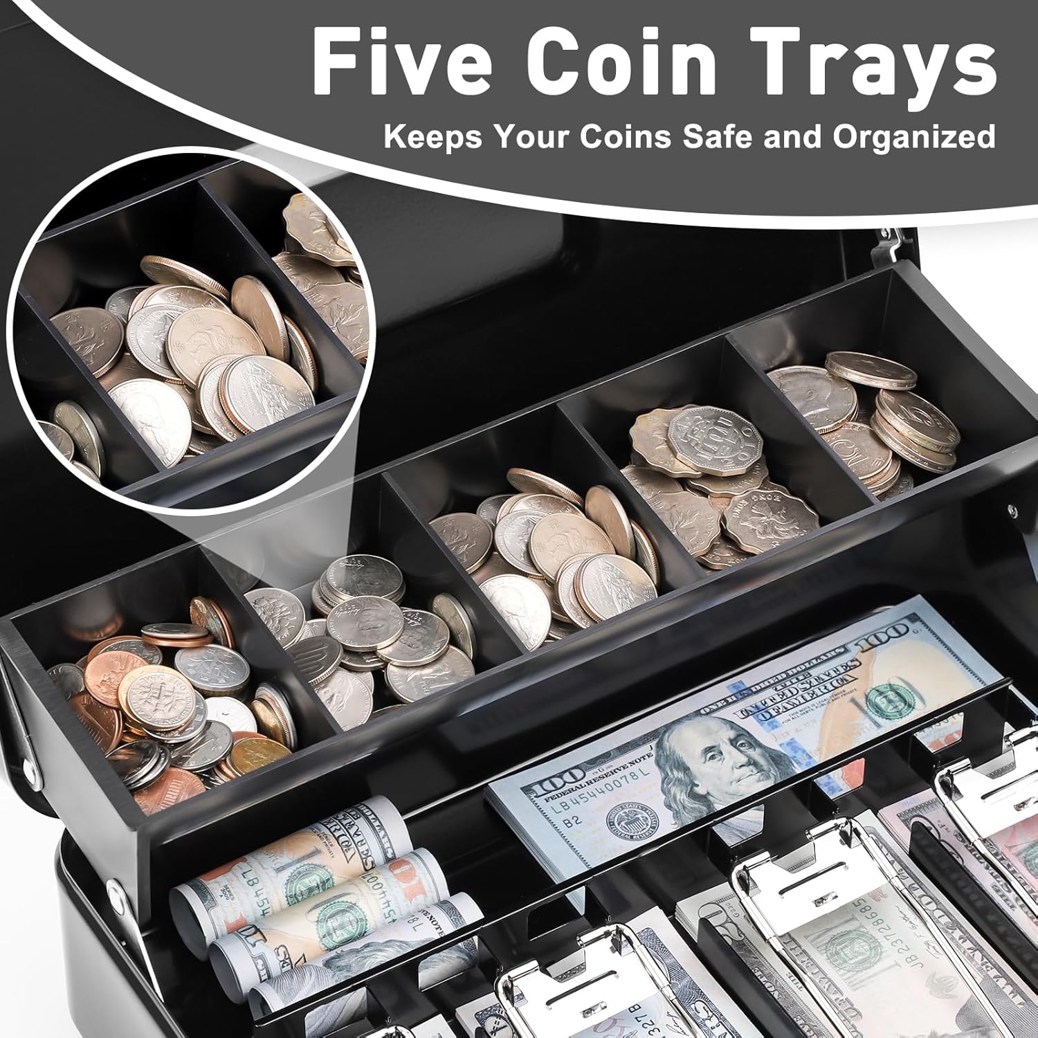 KYODOLED Cash Box with five coin trays