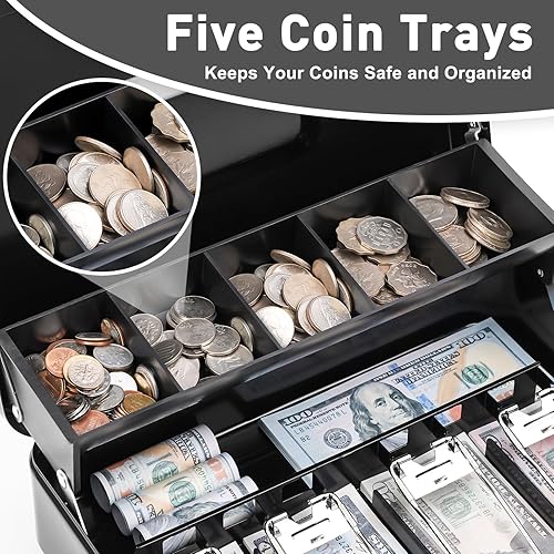Miniatura 3 de KYODOLED - Caja de dinero grande con bandeja para dinero y cerradura, caja de metal segura, caja de seguridad, caja registradora, 5 compartimentos,
