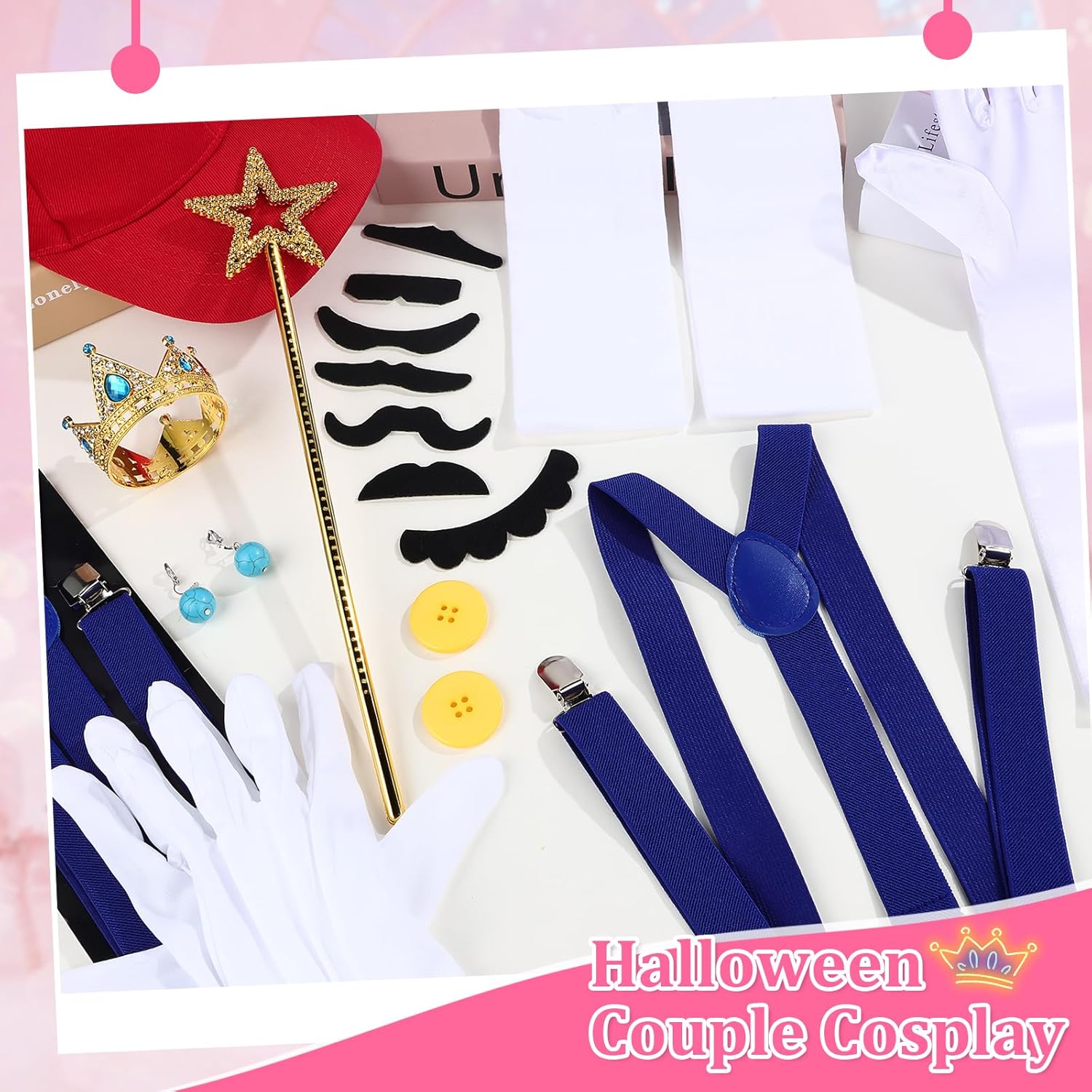 16 Pcs Halloween Couples Costumes Accessories Set for Adults, Funny Hats Gloves Mustaches Mini Gold Crown Wand and Earrings for Halloween Party Cosplay Couples Costumes - Image 5
