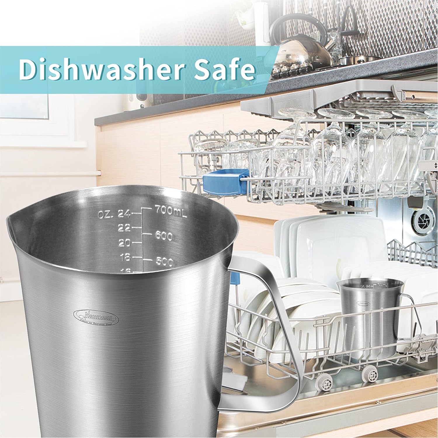 Measuring Cup, [Upgraded, 3 Measurement Scales, Including Cup Scale, ML Scale, Ounce Scale], Newness Stainless Steel Measuring Cup with Marking with Handle, 24 Ounces (0.7 Liter, 3 Cup)