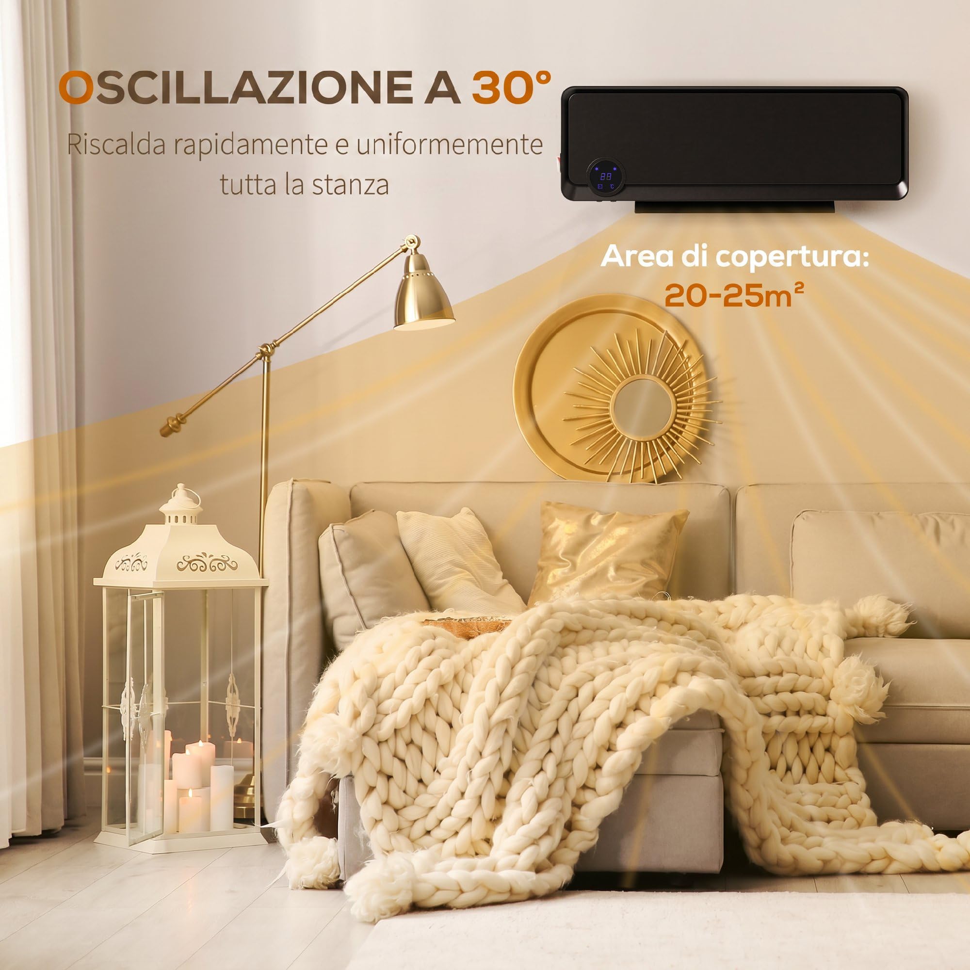 HOMCOM Stufa Elettrica da Parete PTC 56x18.5x11.7 cm Nero | Basso Consumo, 3 Modalità, Timer 12h, Oscillazione 30°, Termosifone Elettrico in PP e PA, con Telecomando