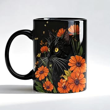 Mystical Floral Black Cat Mug, Black Cat Gifts Coffee Cup, Cats Lover Mom Dad Gifts, Dark Aesthetic Orange Daisy Flower Kitten Kitty Ceramic Coffee Mug 11 oz