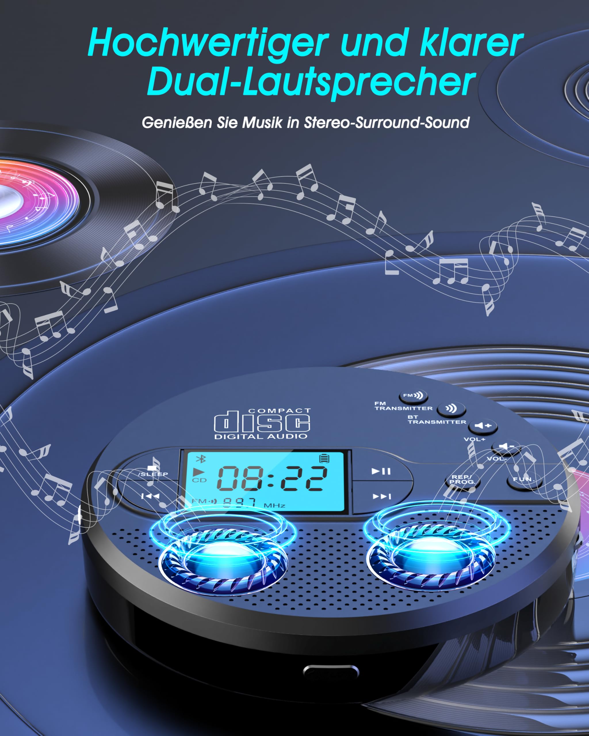 NEU Bluetooth CD Player Tragbar, Greadio Discman CD Player mit 2000mAh Wiederaufladbarer, Kompatibler FM-Transmitter, USB, AUX-Ausgang, CD Spieler mit Kopfhörer und Anti-Skip/Stoßfest