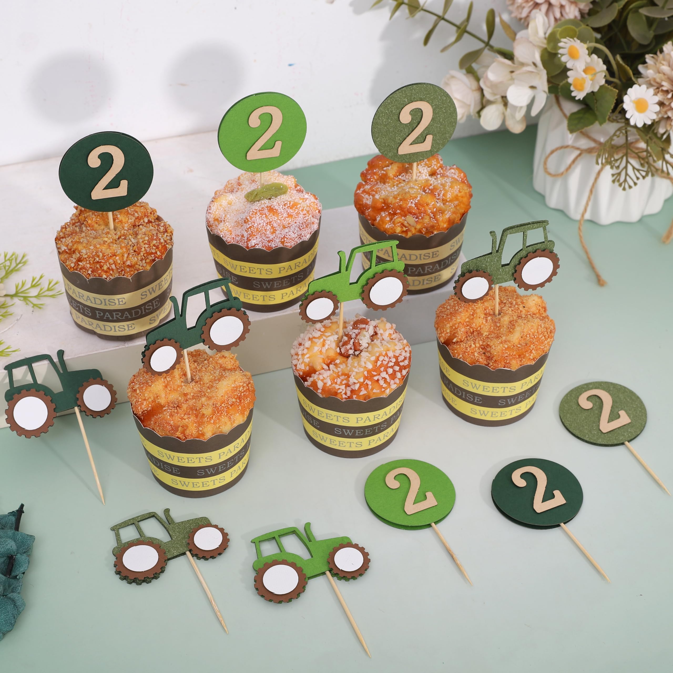 Tractor Cupcake Topper Set - Boy 2nd Birthday Farm Theme Decorations, Two Tractor Baby Boys Second Birthday Cake Toppers, Green Farmhouse Tractor Baby Boy Party Decors, Cake Smash Photo Props