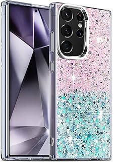 جراب حماية متوافق مع موبايل سامسونج جالاكسي S23، إطار ممتص للصدمات ناعم من البولي يوريثين المقاوم للحرارة، جراب خلفي صلب للنساء والبنات، جراب حماية شفاف مزين بجليتر من دلع موبايلك (وردي وأخضر)