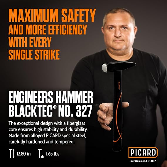 Picard Riveting Hammer BlackTec 500g German Pattern, Cross Peen, Alloy Steel Head, Black Powder Coated, Low Vibration, Fiberglass Core Handle, Rubber Grip 0032700-0500