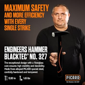Picard Riveting Hammer BlackTec 500g German Pattern, Cross Peen, Alloy Steel Head, Black Powder Coated, Low Vibration, Fiberglass Core Handle, Rubber Grip 0032700-0500