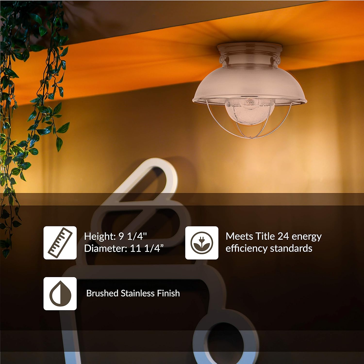 Generation Lighting 8869-98 Sebring Transitional One - Light Outdoor Ceiling Flush Mount Outside Fixture, Brushed Stainless Finish, 1-Light, cETL Listed, Safety Rated for Wet Locations