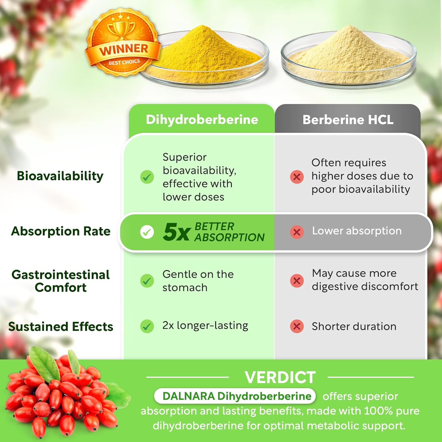 Dalnara Dihydroberberine Capsules 250mg, 60 Days - Supports Metabolic Wellness & Balanced Energy, Non-GMO,Dihydroberberine Supplement