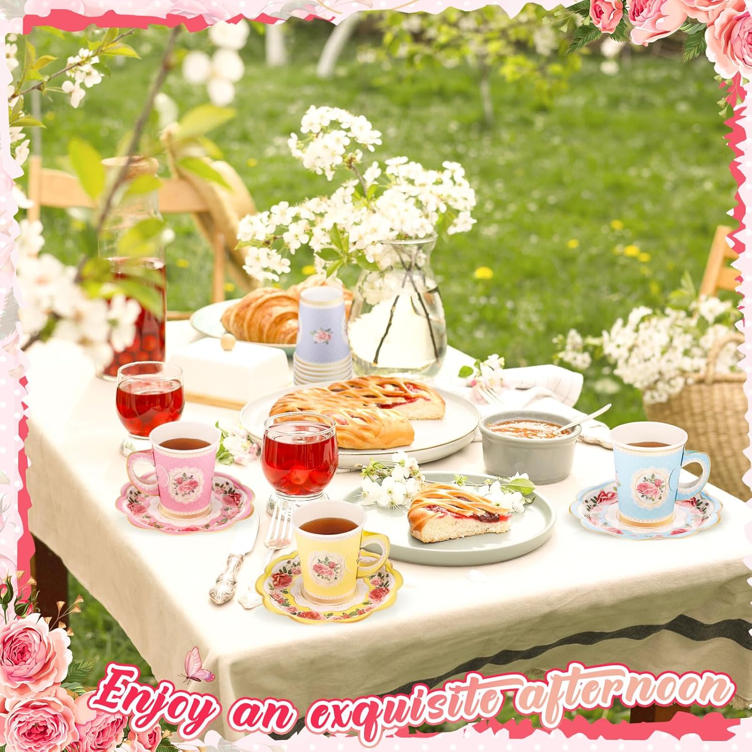 Tioncy 100 Pcs Tea Party Decorations Include 50 Pieces 9 oz Paper Tea Cups with Handle and 50 Plates Disposable Teacups and Saucers Sets for Birthday Baby Shower(5 Colors)