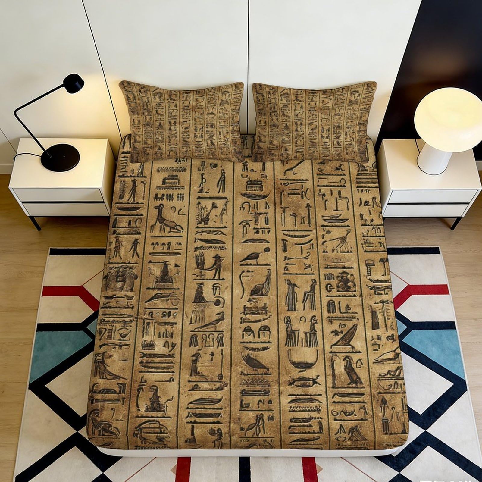 3D Printed Egyptian Hieroglyphics Fitted Sheet Microfiber Non-Slip Ancient Symbols Mattress Cover Bedroom Decor, Easy Care 160x200x25cm