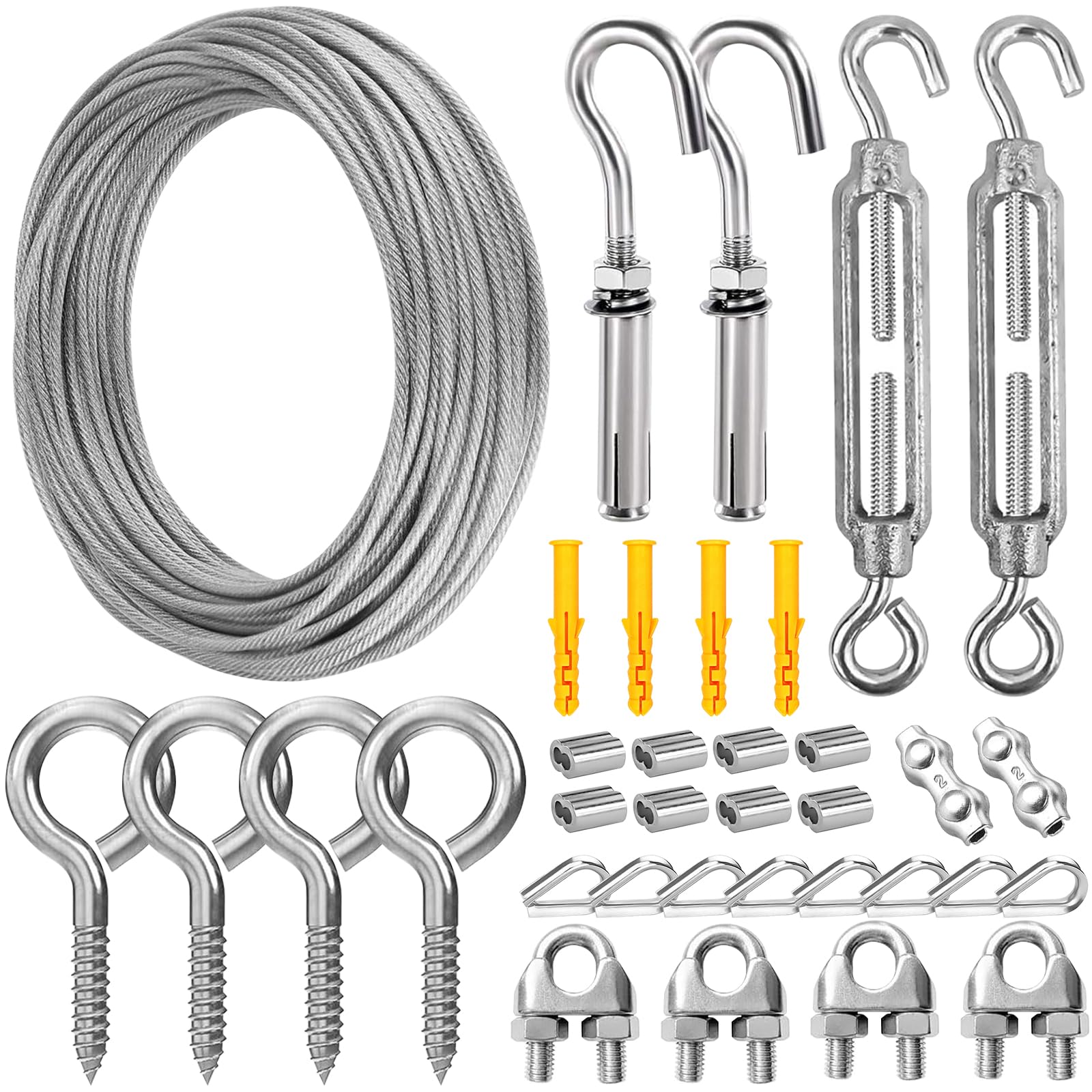 15m Drahtseil 304 Edelstahl 2mm Stahlseil Ummantelt mit M5 Seilspanner, Drahtseilklemme, Stahlseil mit ösen für Gardinenseil, Wäscheleine, Kletterpflanzen,String Light Suspension, Beleuchtung