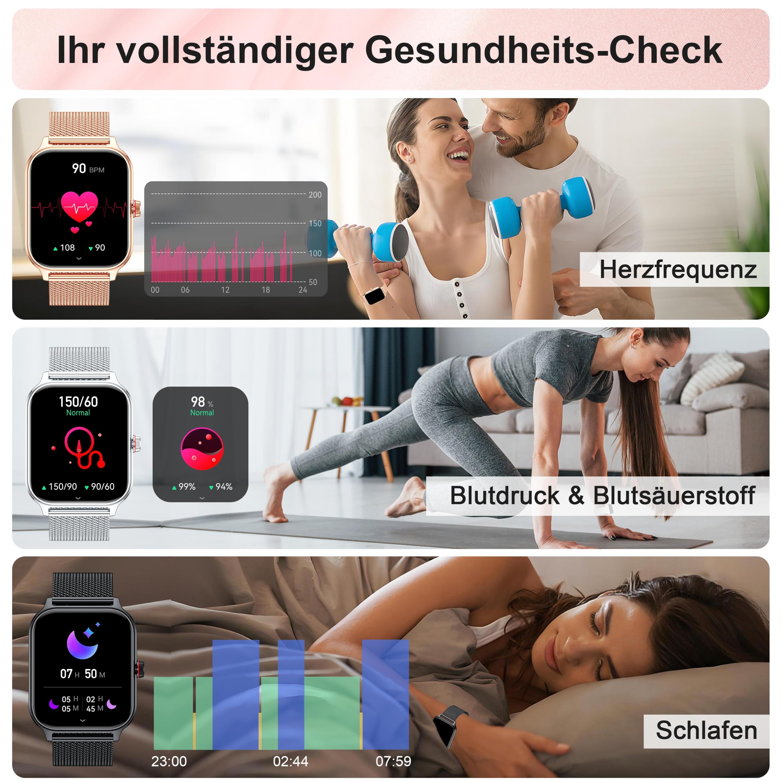 Blutdruck Smartwatch Damen Telefonfunktion für Apple Samsung Huawei Xiaomi
