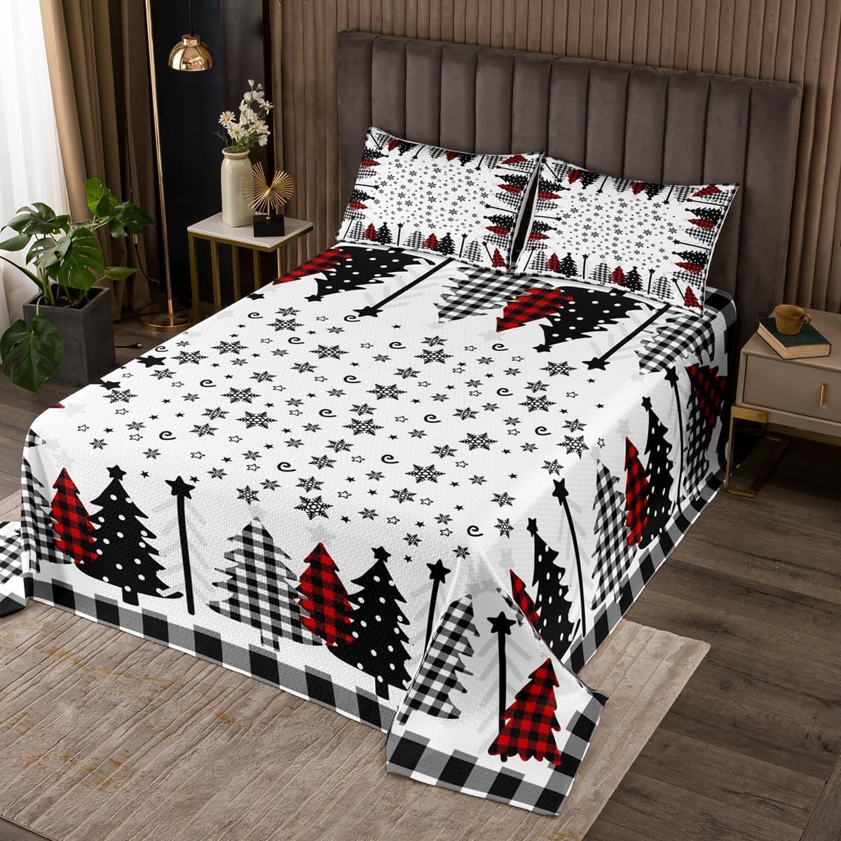 Castle Fairy Christmas Snowman Deer Bedspread Twin Size,Black Red Buffalo Plaid Bedding Sets 2Pcs for Kids Girls Boys Room Decor,Retro Comforter Set Christmas Themed Quilt Coverlet,1 Pillowcase