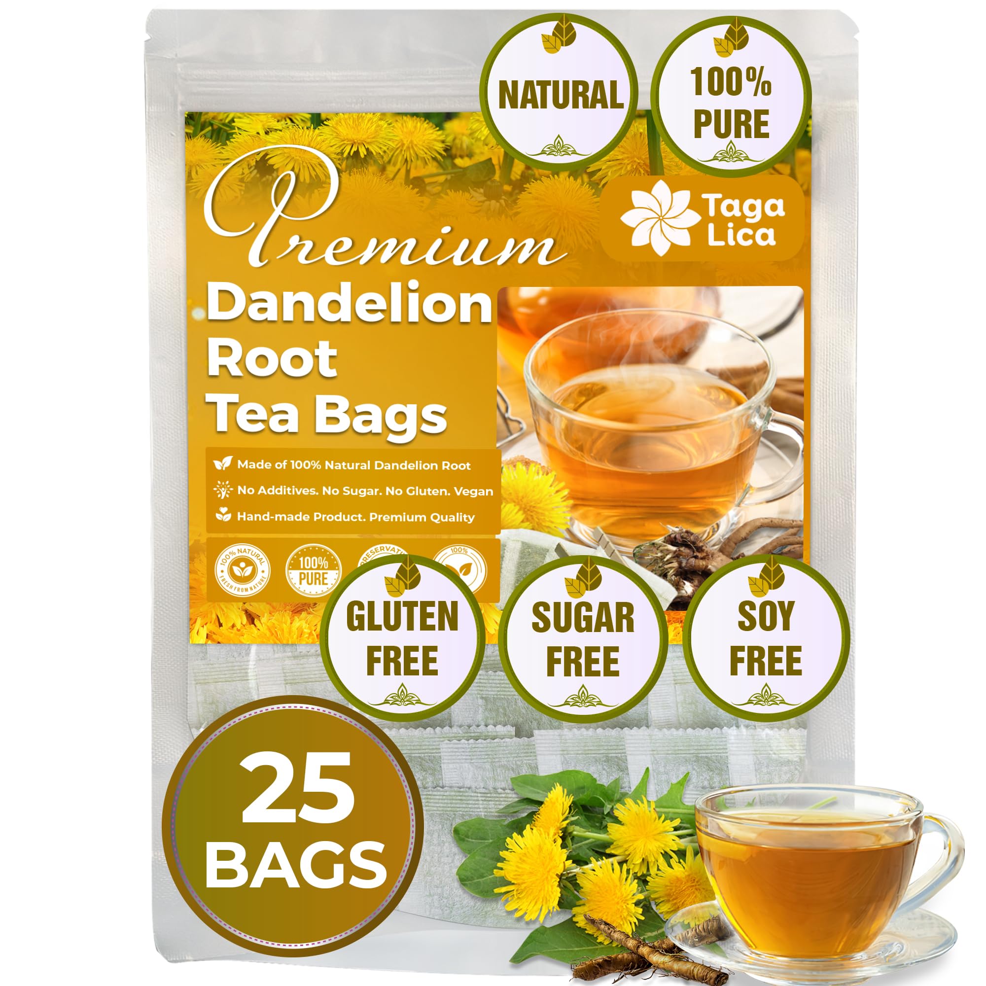 Tagalica Premium Dandelion Root Tea Bags - 25 Count, 100% Natural & Pure, Eco-Conscious, Herbal Tea, No Sugar, No Caffeine, No Gluten, Vegan