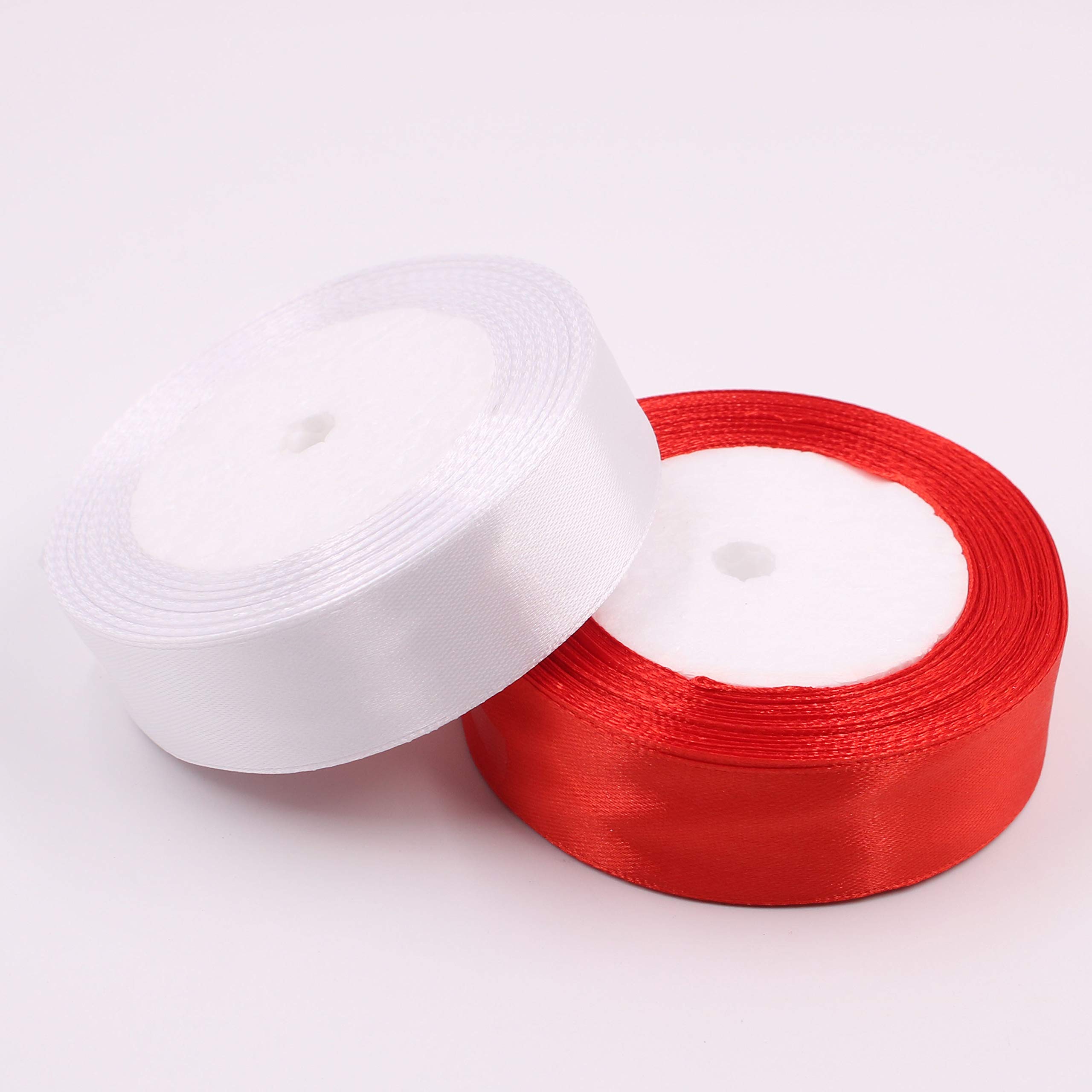 Hoyoo 1 Inch Satin Ribbon Solid Color Polyester Ribbons 50 Yards 2 Rolls/Pack (White/Red, 1 Inch)