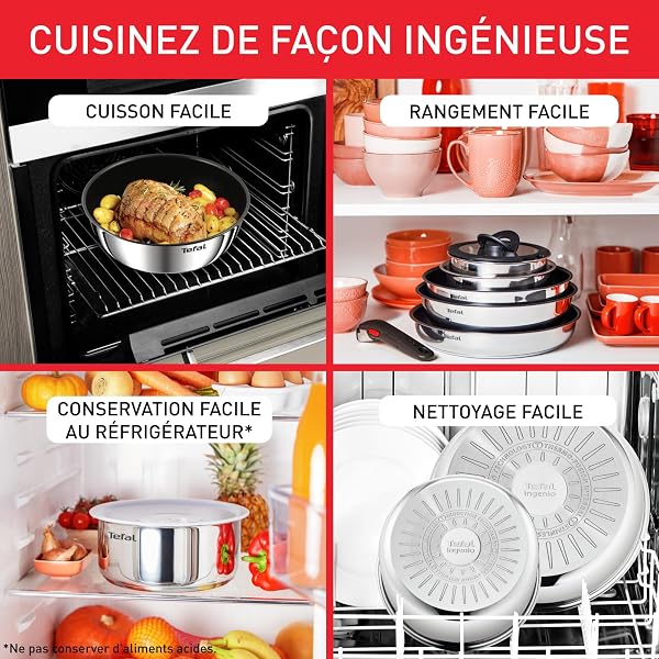 Tefal Ingenio Emotion, Batterie de cuisine, Acier inoxydable, Poêles 22/24/28cm, Poignée amovible, Design empilable, Induction, L8968445 - 4