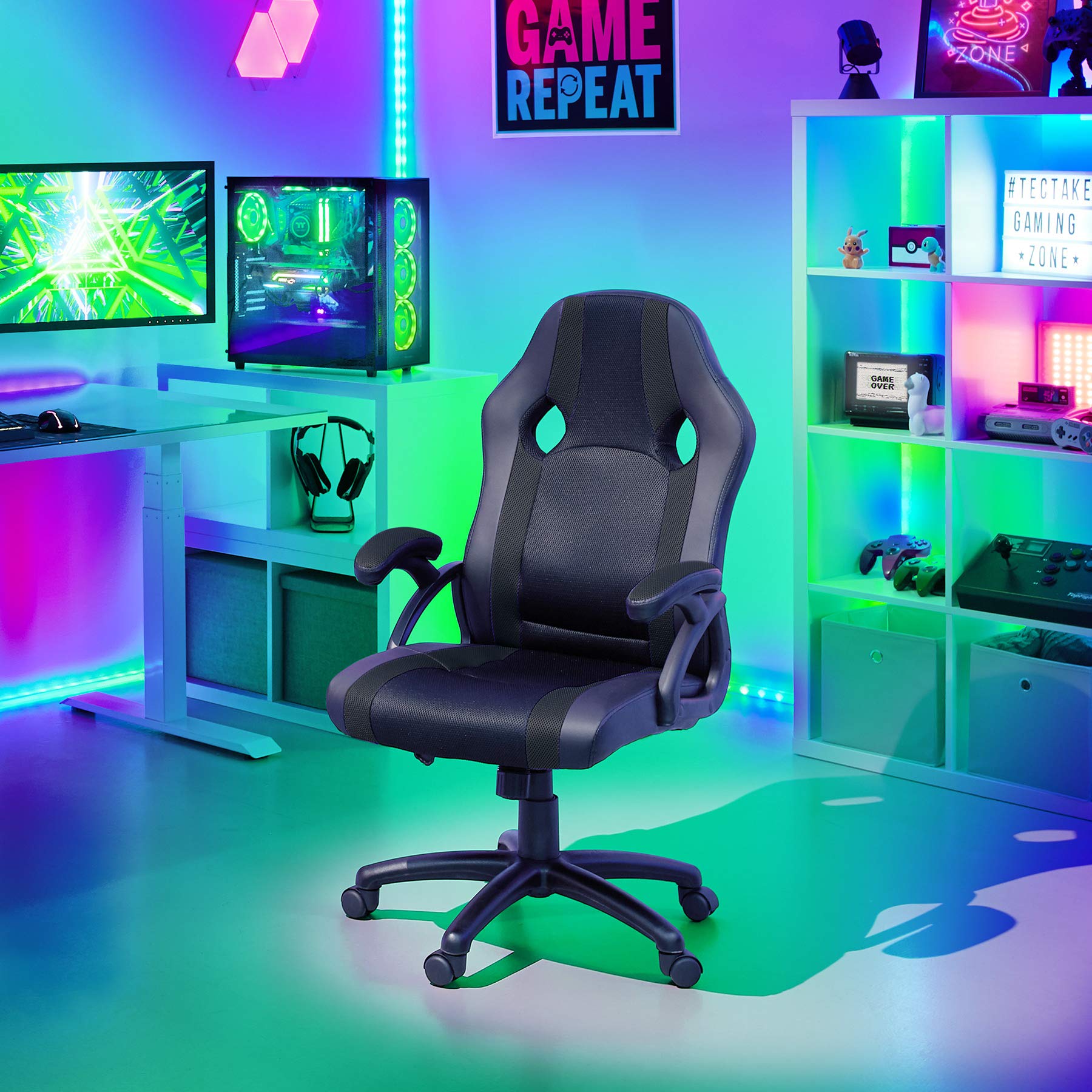 tectake® Sedia da Ufficio Ergonomica, Poltrona Gaming con Altezza Regolabile, Struttura Robusta, Rotazione a 360 Gradi, Meccanismo Basculante, 5 Rotelle Doppie - Nero