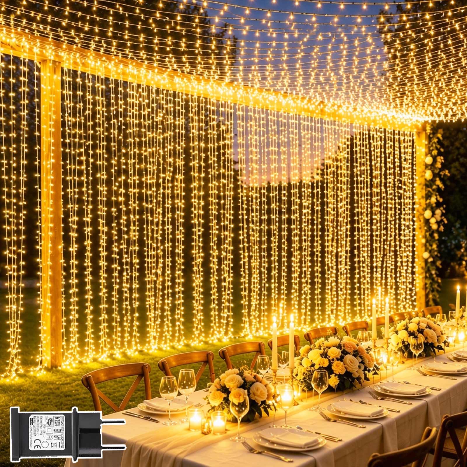 Lichtervorhang Aussen Innen 6x3m 600 LED, Lichterketten Vorhang mit Stecker | 8 Modi, Timer Lichterkette Hängend, Wasserdicht Lichtervorhang Außen für Wand Zimmer Pavillon Balkon Party Decke, Warmweiß