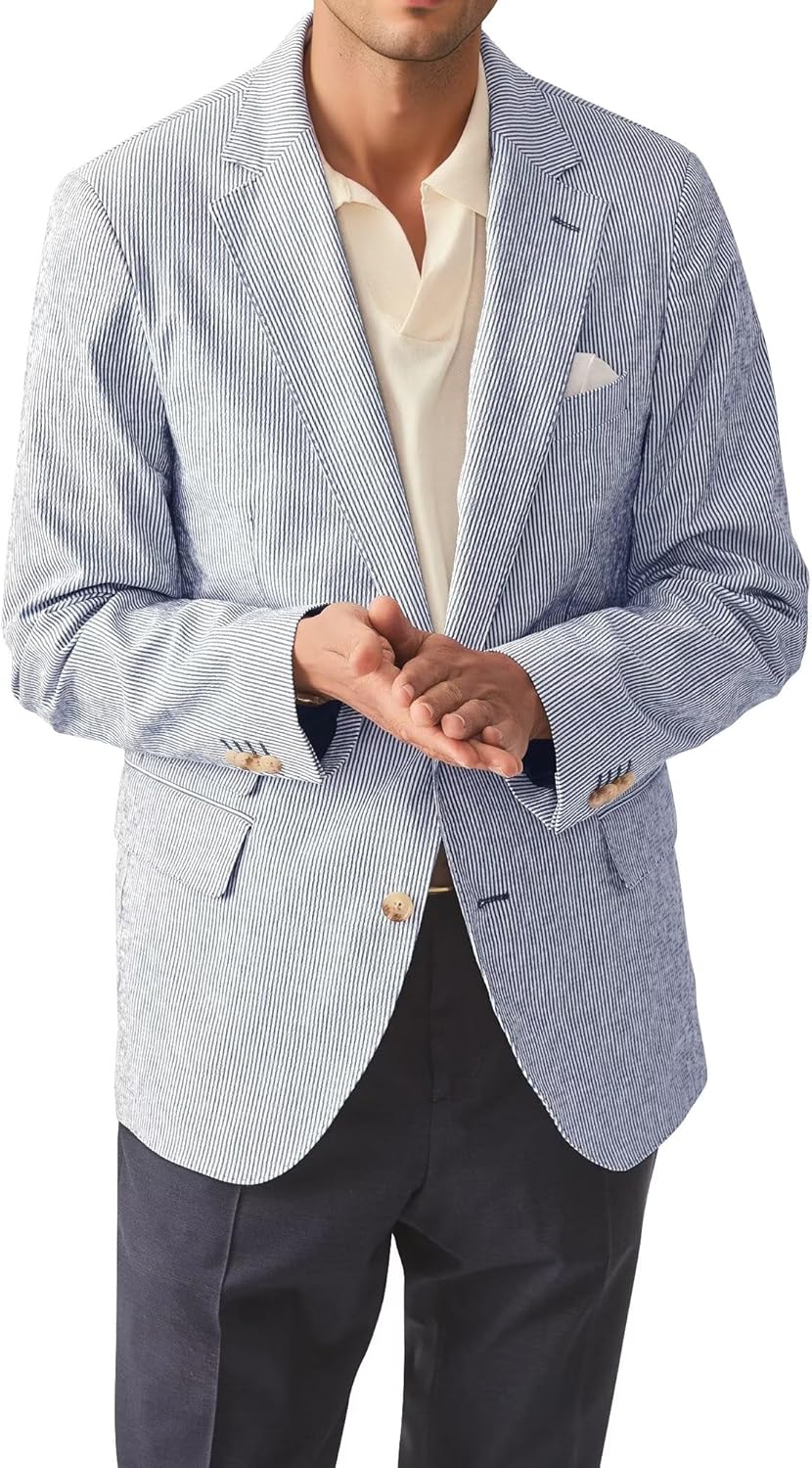 Mens Seersucker Blazer Jacket Regular Fit Summer Blazer for Men Lightweight Seersucker Wedding Suit Jacket