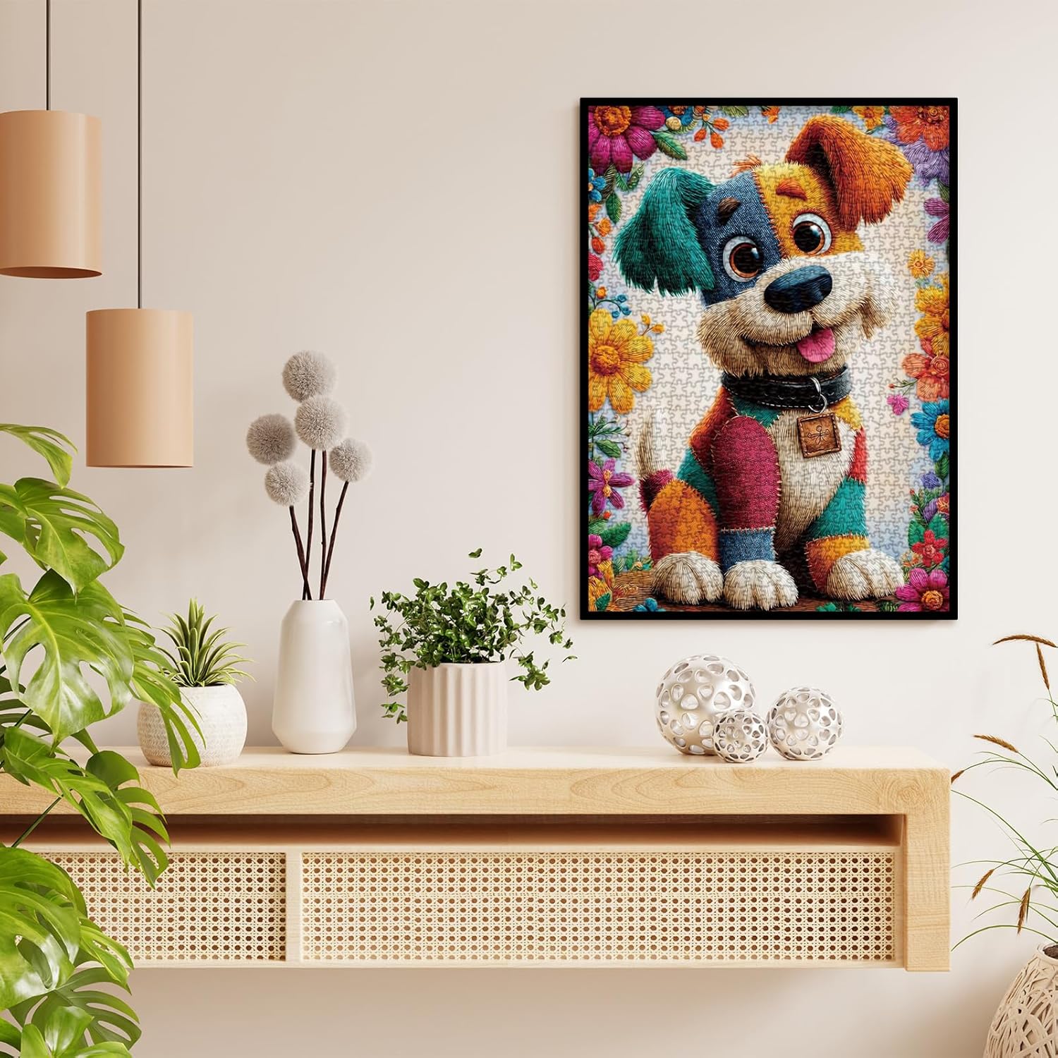Funny Quilt Dog Flower Puzzles for Adults 1000 Pieces, Colorful Patch Animal Jigsaw Puzzle, Difficult Puppy Art Puzzles