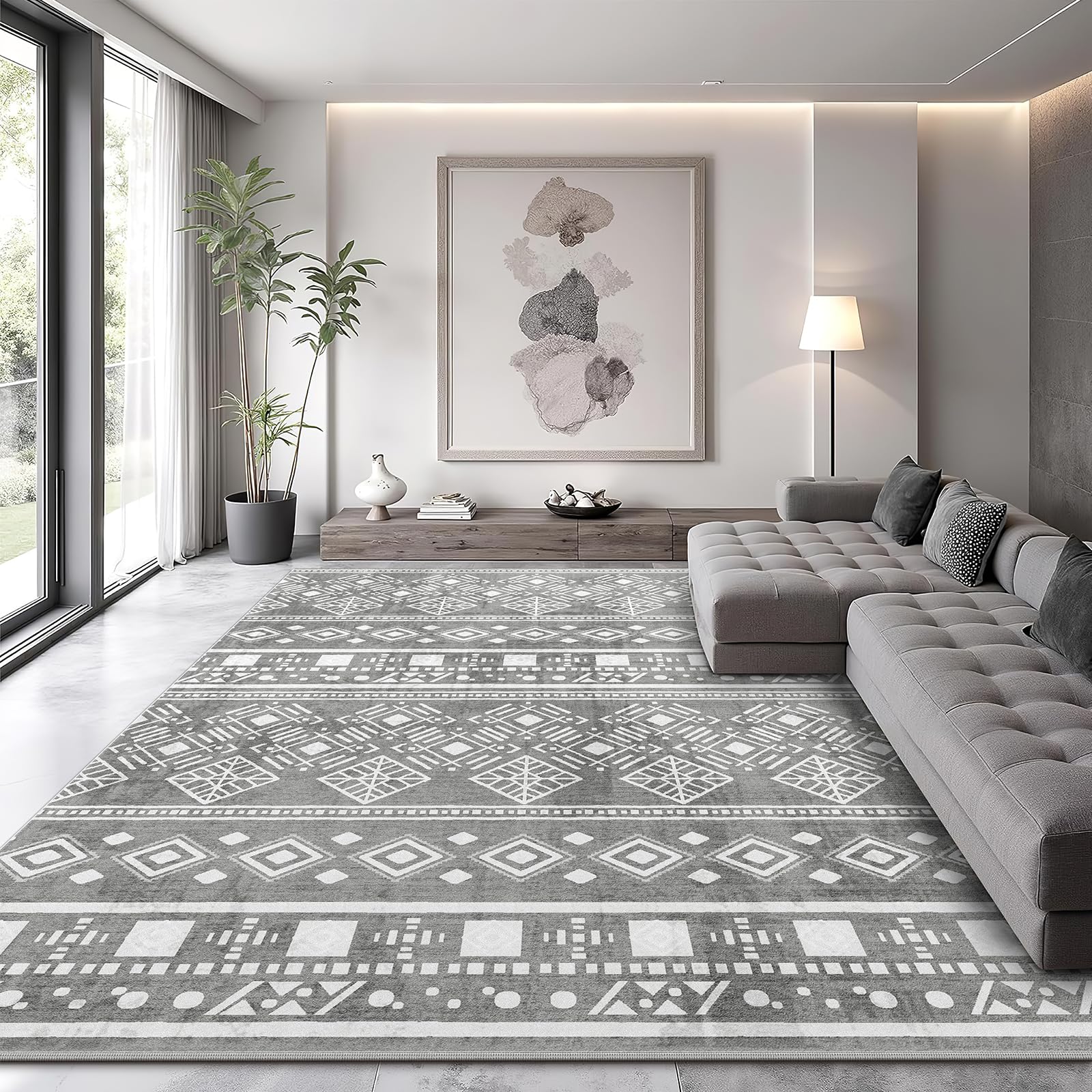 XSIVOD Kurzflor Teppich 200x280 cm Grau, Boho Waschbarer Teppich