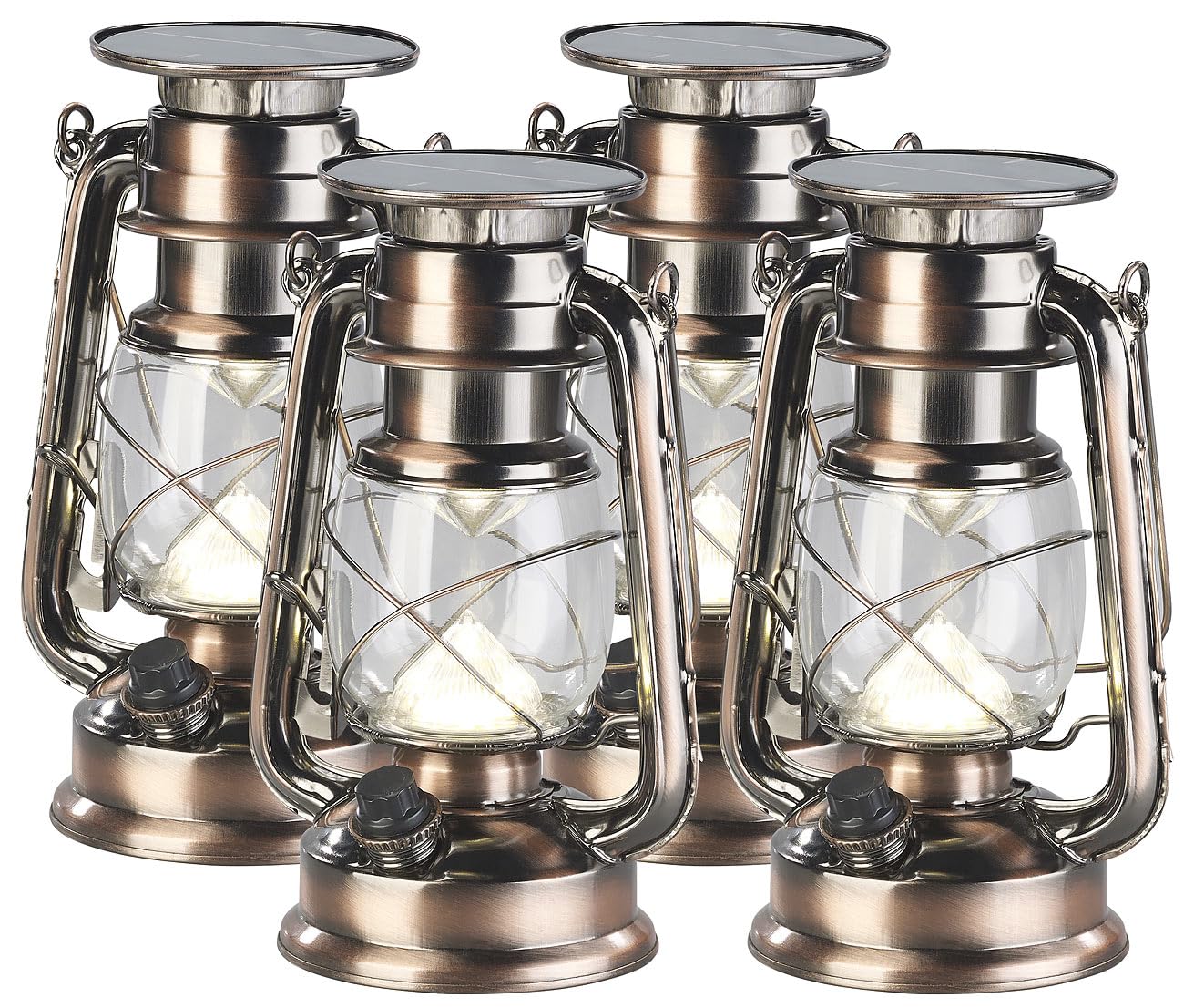 Lunartec Solar-Laterne LED: 4er-Set helle Solar-LED-Sturmlampe, 200 lm, 3 W, warmweiß, Bronze (Hängelampe, Stalllaterne, Haken)