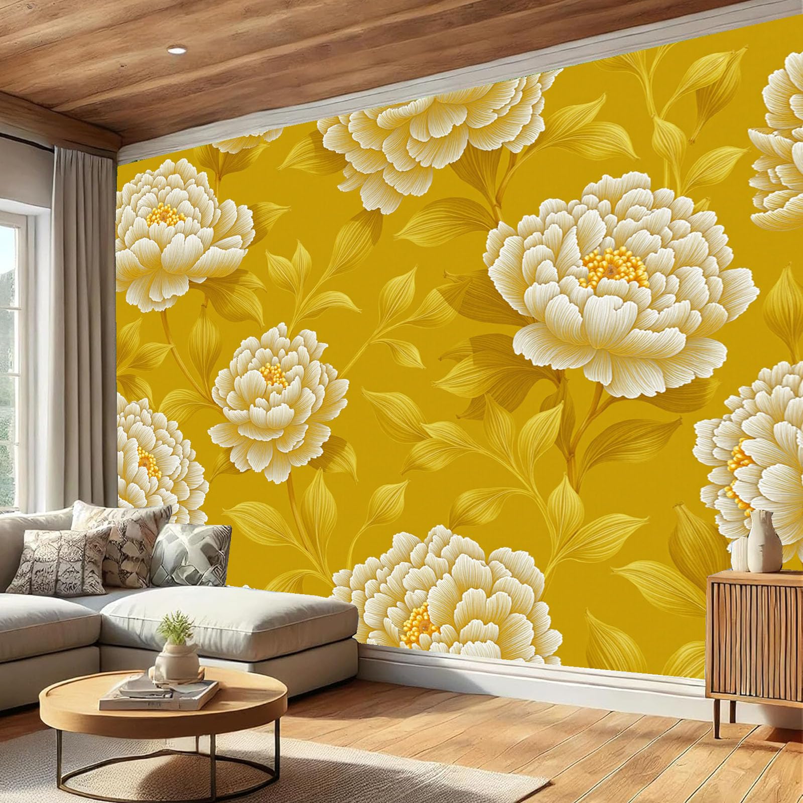Papier peint intissé fleurs jaune 400x280 pour un salon lumineux