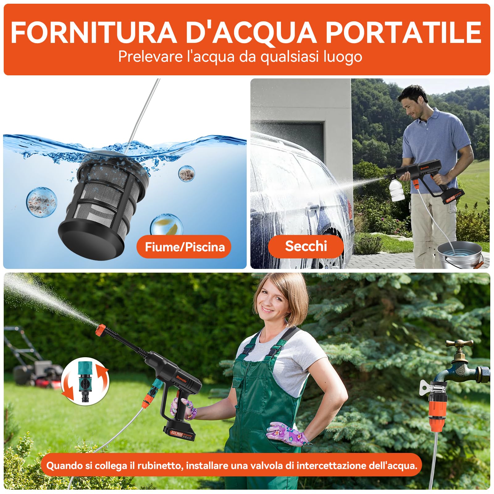 Idropulitrice Portatile, Bravolu Max 500 PSI Idropulitrice a Batteria con Accessori, Lidropulitrice Portatile a Batteria con ugello Multifunzione, Tubo da 5m, Ideale per Auto Casa Giardino