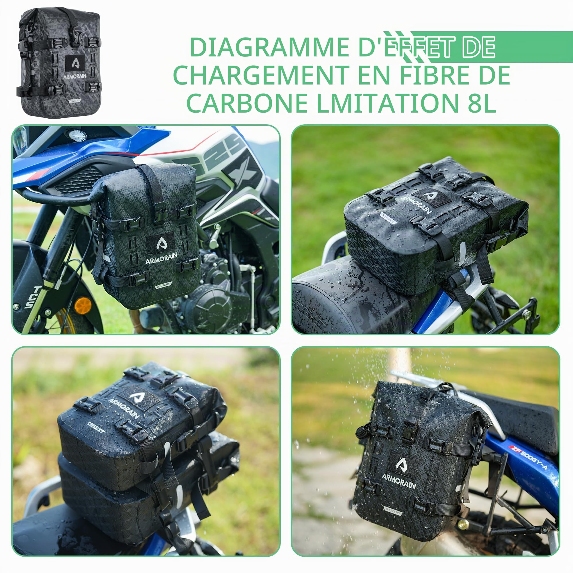 Sacoche de Protection pour Moto, étanche, Capacité de Rangement 6L/8L, Sacoche Pare-Chocs, Pochette Garde-Boue, Sacoches Universelles pour kit Moteur (8L Imitation Fibre de Carbone Noir)