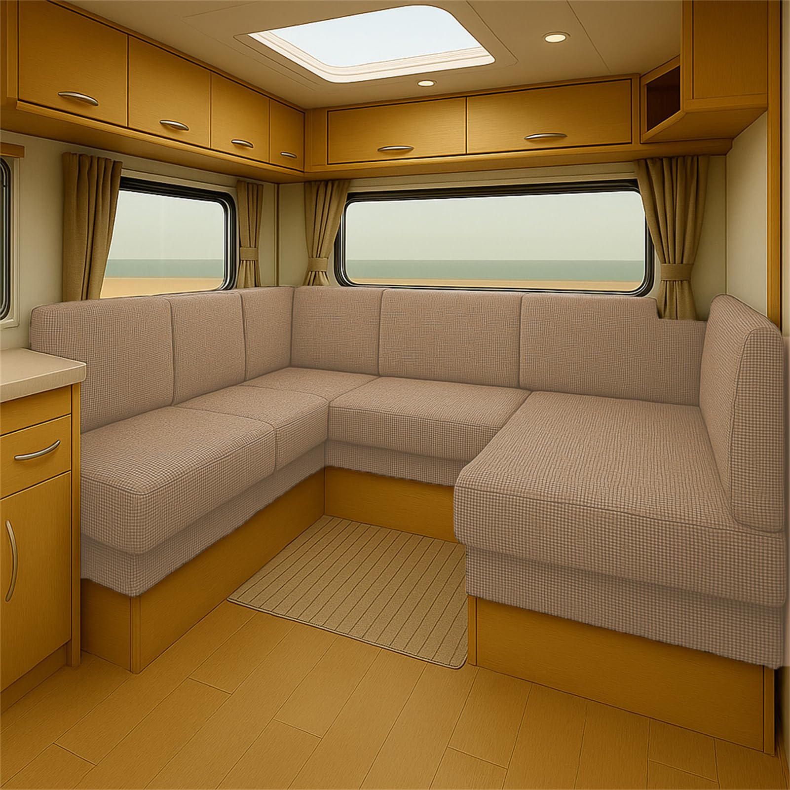 CDPTD Elastic Caravan Seat Cushion Cover for RV Bench Camper Sofa Jacquard Slipcover with Straps Washable Non-Slip Pads Dinette Pads Protector Campervan Chair Seating (Camel,W65-85 * L 65-85cm)