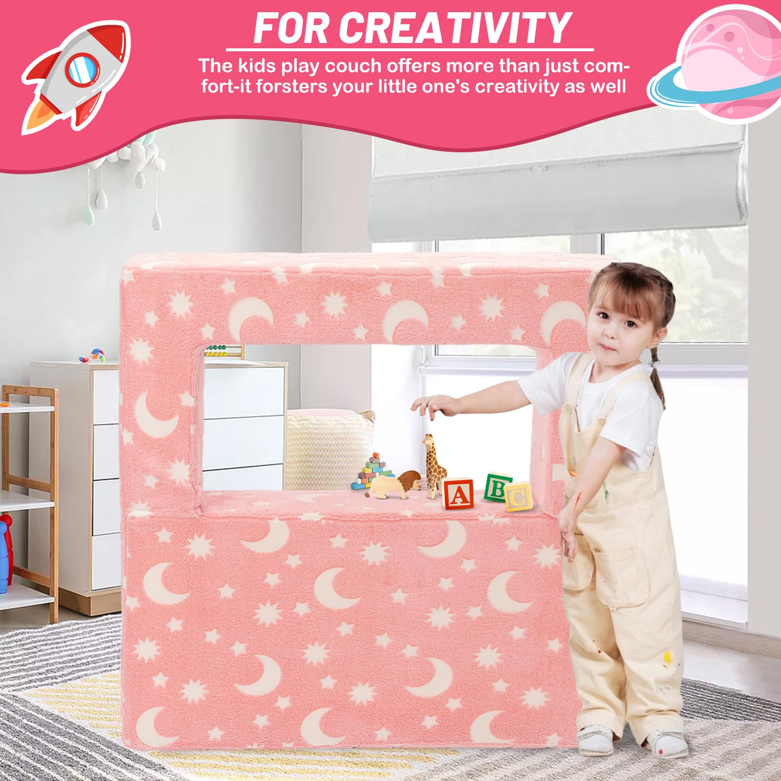 Sillón Bebe, Plegable Sofa Infantil, Sillón Infantil 2 en 1, Sofá Cama Convertible Tumbona, Silla Ancha Suave Funda Extraíble, Rosa Estampado Estrellas, Brilla Oscuridad, Regalo Día Niño Cumpleaños