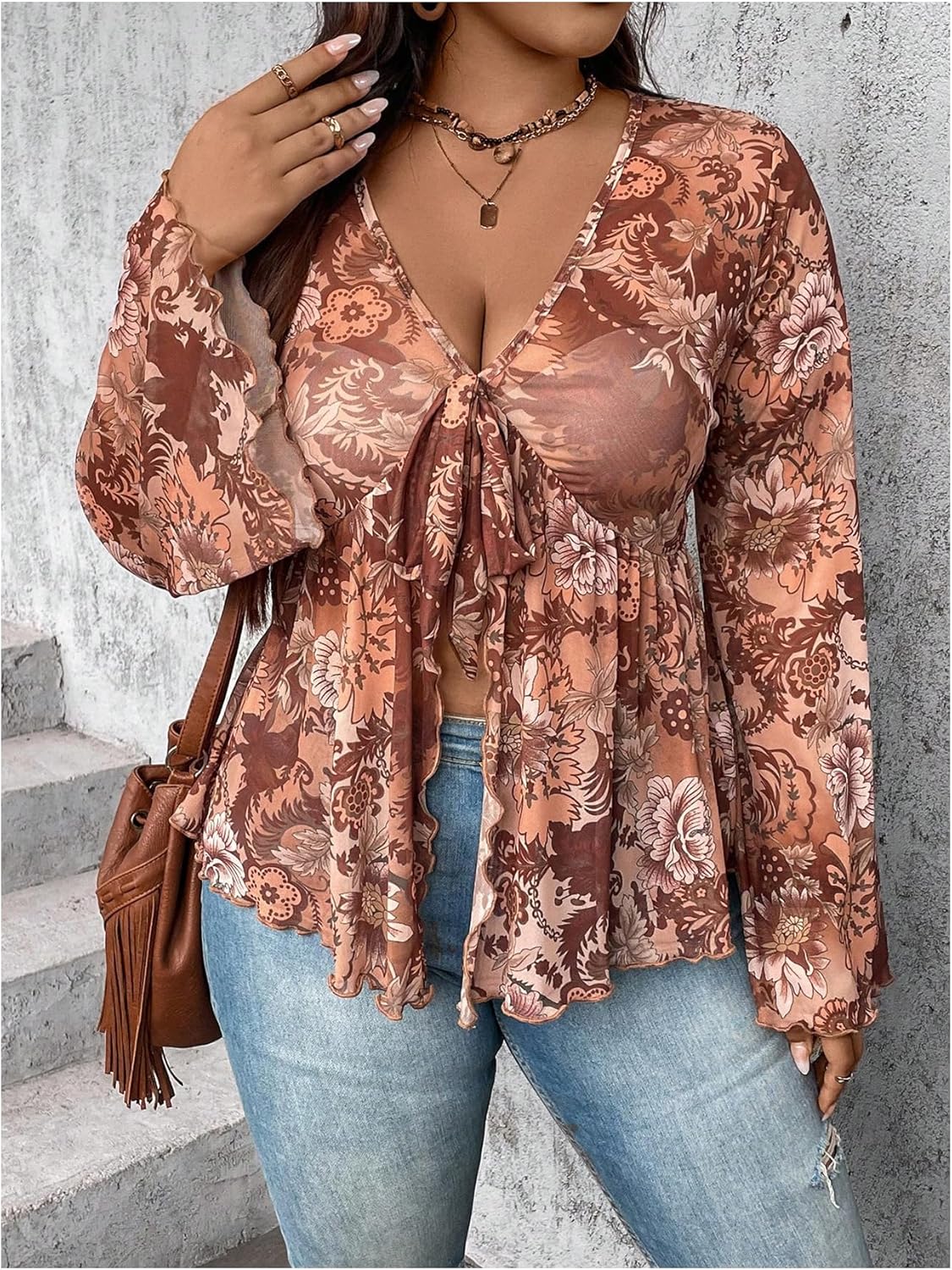 Floerns Women's Plus Size Boho Tops V Neck Bell Long Sleeve Tie Front Tee Shirts Concert Outfits - Image 4